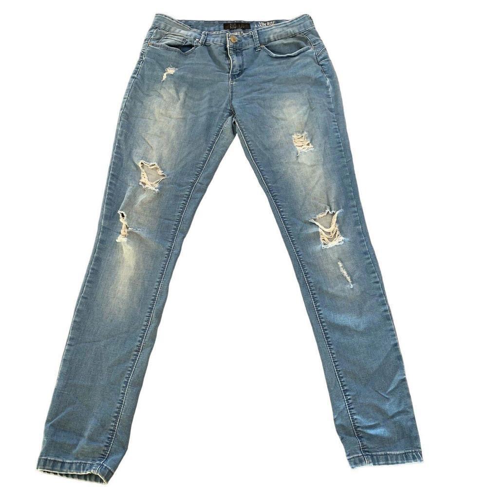 Rio Womens Low Rise Medium Wash Straight Leg Distressed Blue Jeans Size …